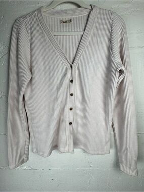 Faherty Cream Oat Cuddle Cardigan Waffle Knit Button Front Top Pima Size Large